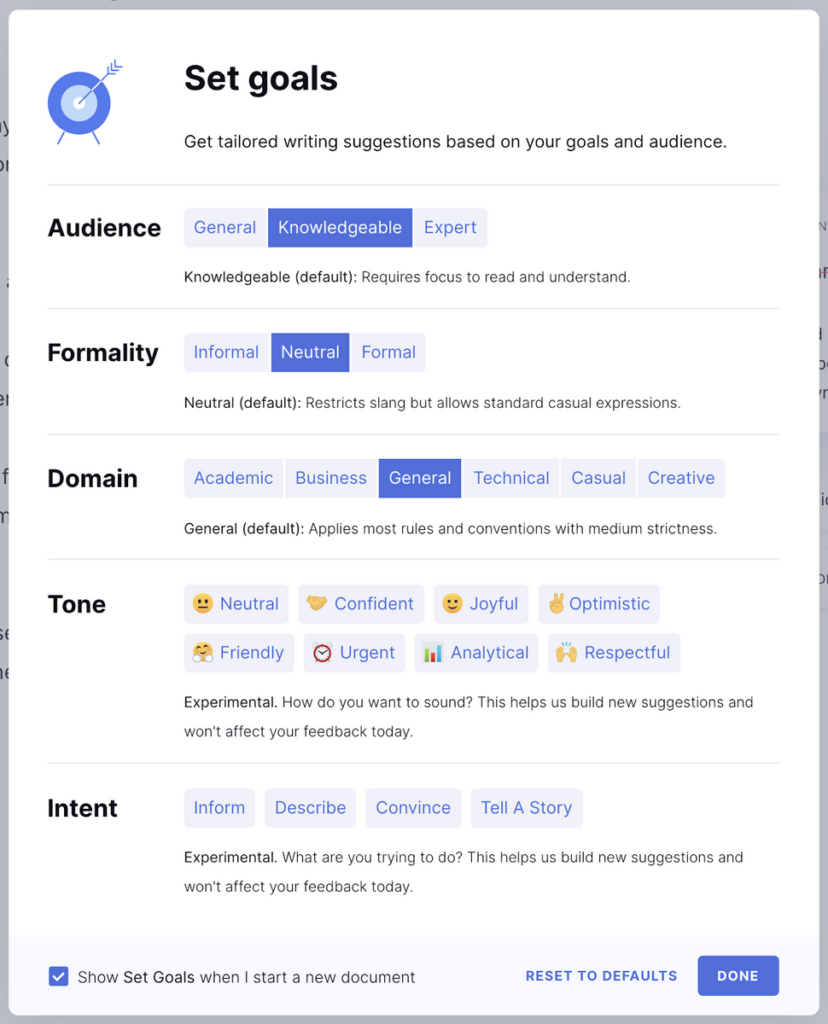 grammarly goal settings