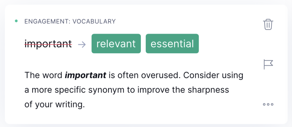 grammarly suggestions and explanations on using a specific synonym