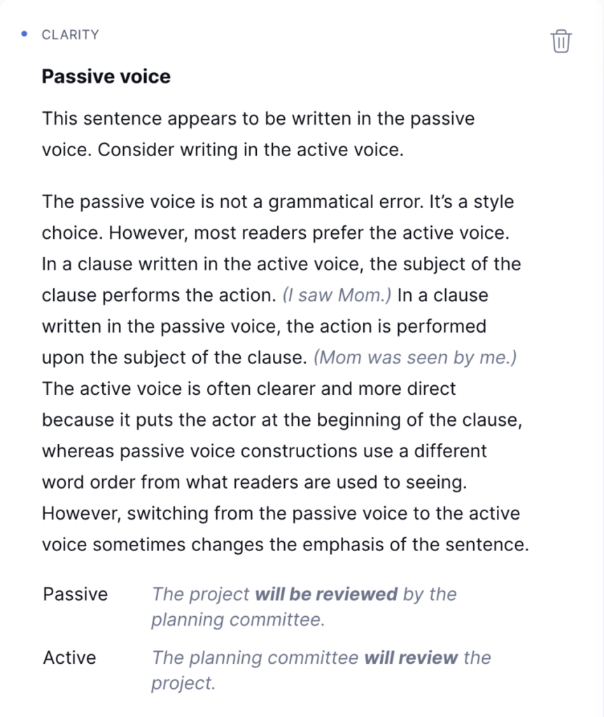 grammarly suggests tone change to remove passive voice