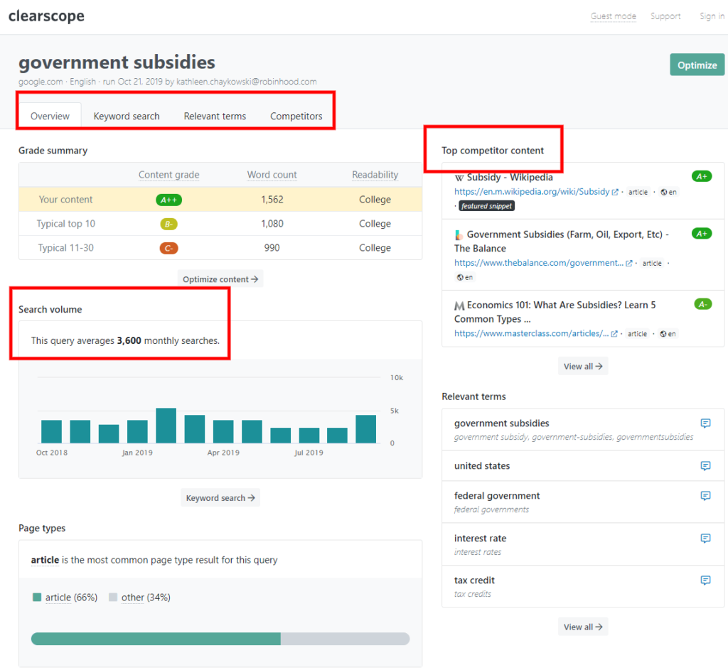 Example of Clearscope's content report