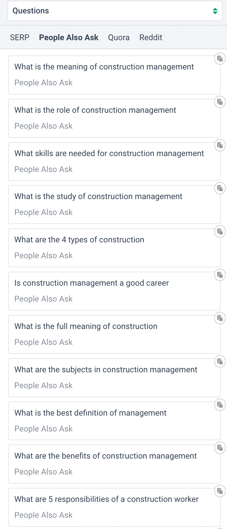 Construction management questions in Frase