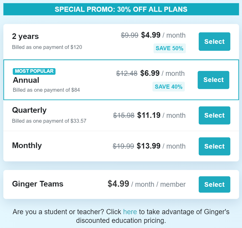 image of Ginger's pricing plans