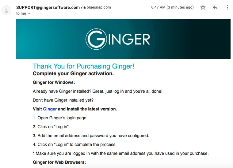 image of Ginger's purchase confirmation email