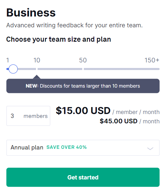 image showing the pricing of Grammarly Business