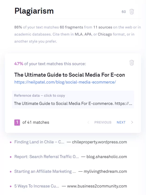 example of Grammarly Premium's plagiarism checker results