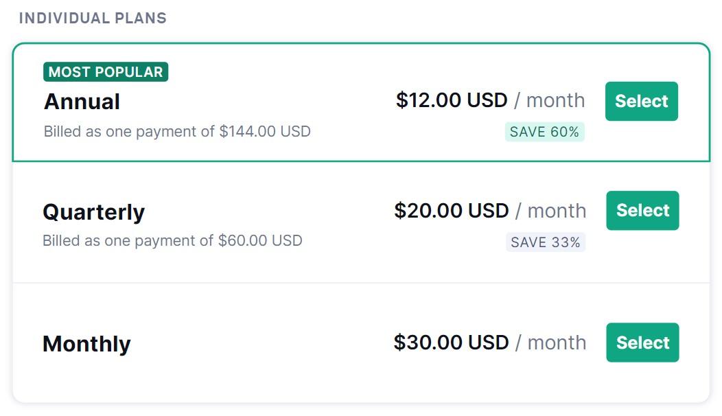 image showing pricing plans of Grammarly Premium