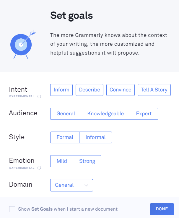 Grammarly Premium's writing goal options