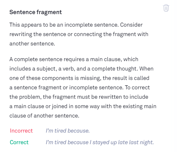 example of the sentence fragment feature in Grammarly