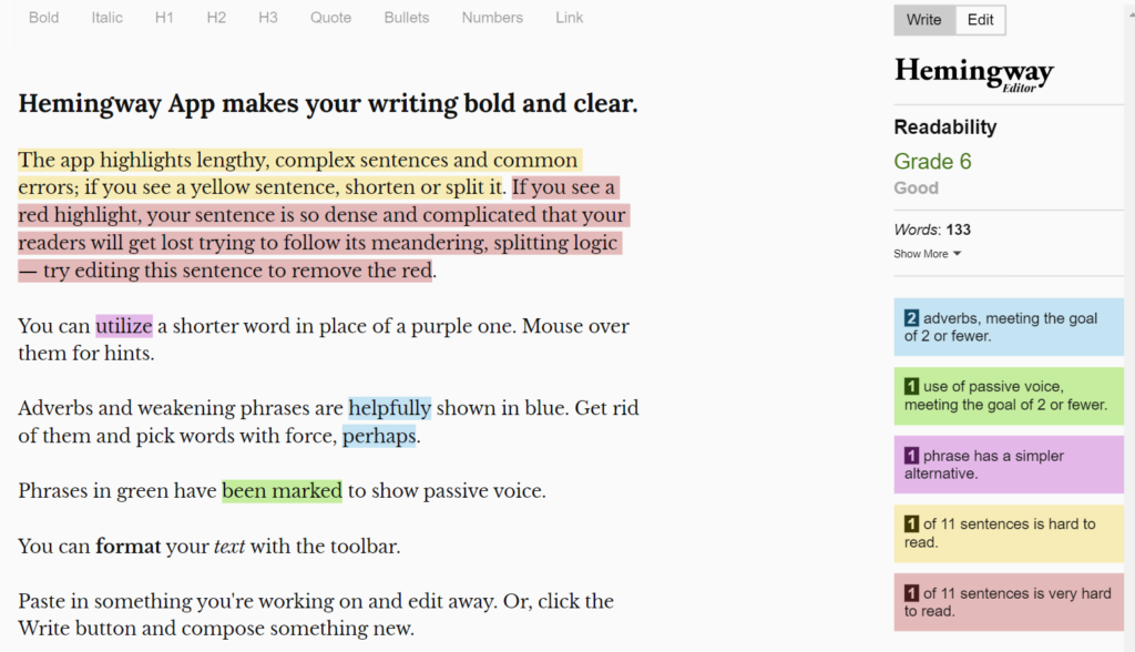 image of Hemingway's interface