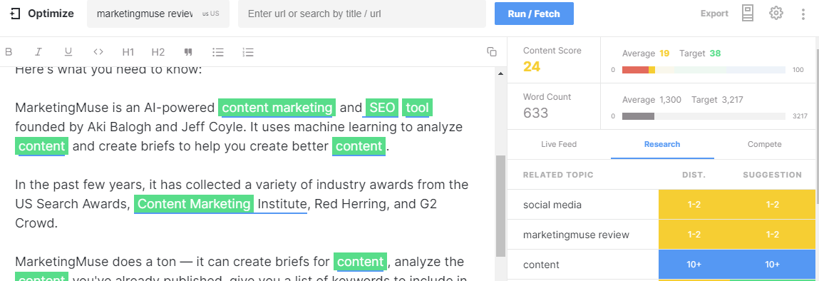 MarketMuse's content optimization interface