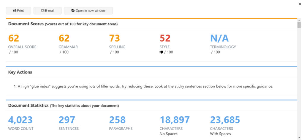 example of ProWritingAid's document scoring feature