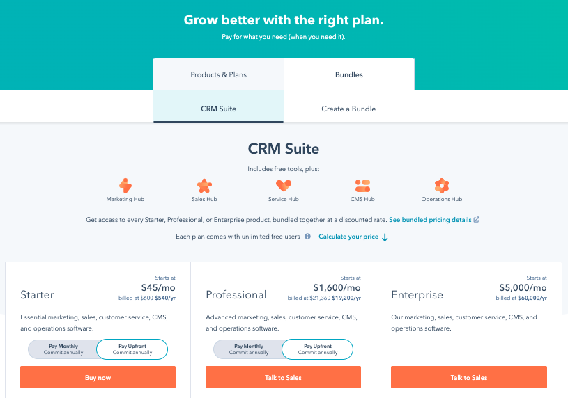 Pricing page of HubSpot website