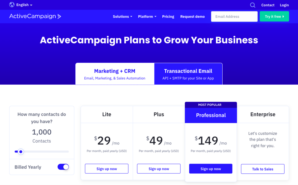 Pricing page of ActiveCampaign website