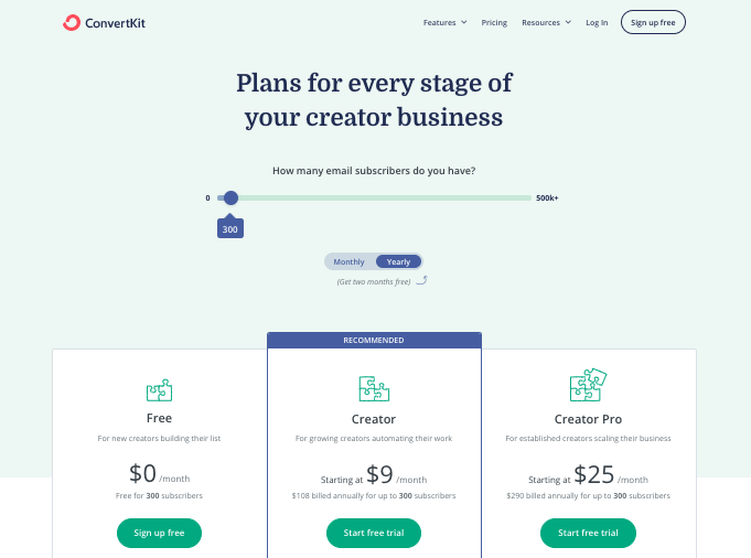 Pricing page on ConvertKit website