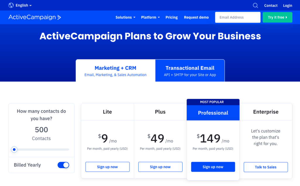 Pricing page of ActiveCampaign website