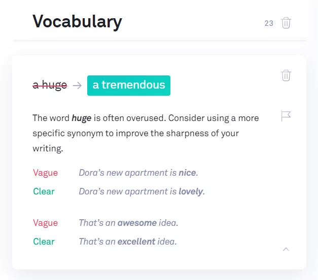 example of Grammarly Premium's vocabulary checker feature