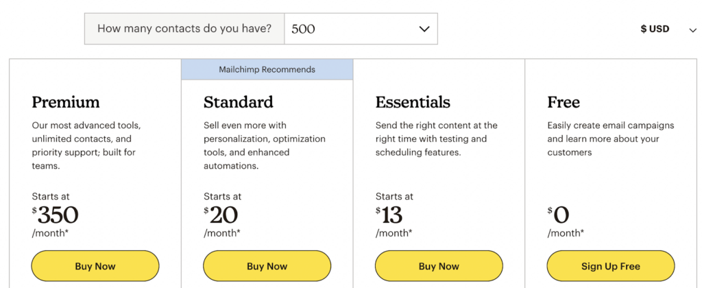 Mailchimp pricing page