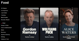 The MasterClass website food courses.