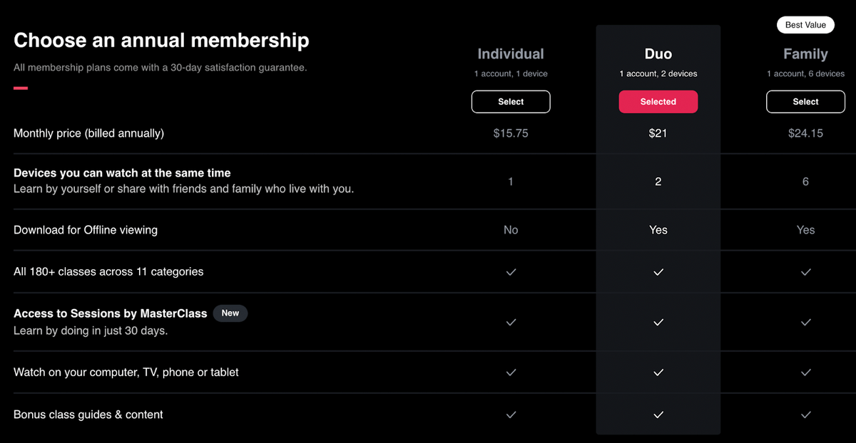 Pricing page on MasterClass website