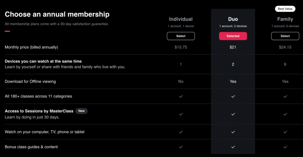 MasterClass pricing plan table