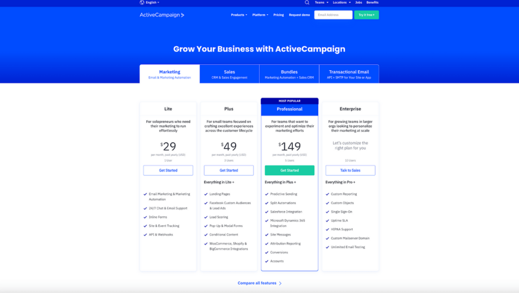 Pricing grid for ActiveCampaign