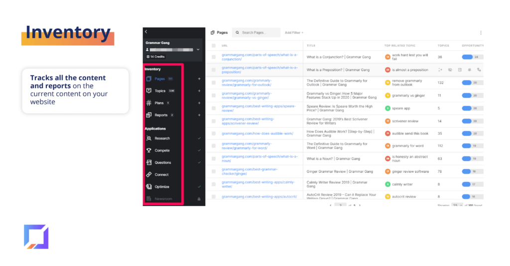 Screenshot of MarketMuse Inventory functionality