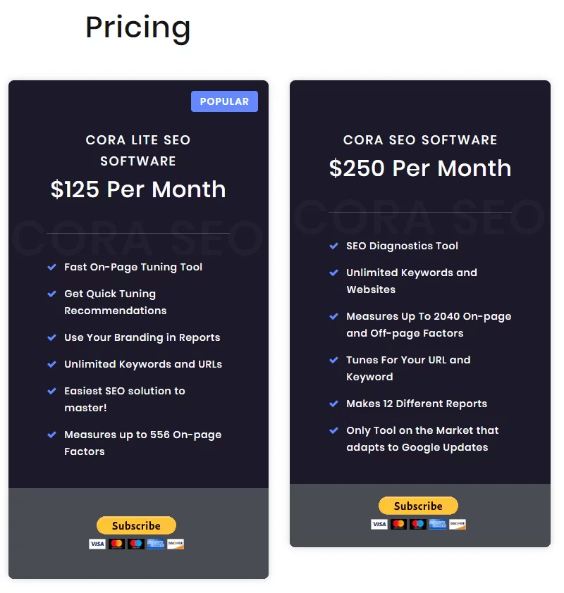 Cora SEO Pricing Plans