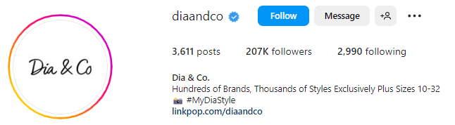 Instagram profile for plus-sized clothing brand Dia and Co.