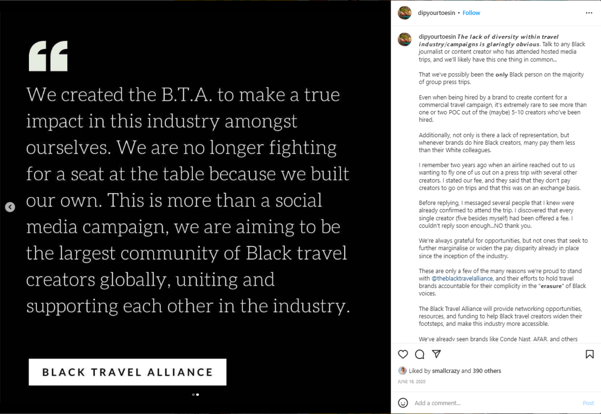 Black square with quote. Text reads, “We created the B.T.A. to make a true impact in this industry amongst ourselves. We are no longer fighting for a seat at the table because we built our own. This is more than a social media campaign, we are aiming to be the largest community of Black travel creators globally, uniting and supporting each other in the industry. Black Travel Alliance.”