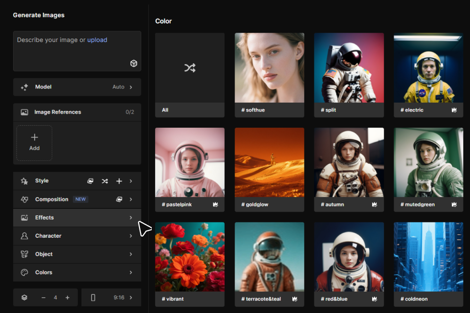 Screenshot of an AI image generation tool with preset effects available for selection