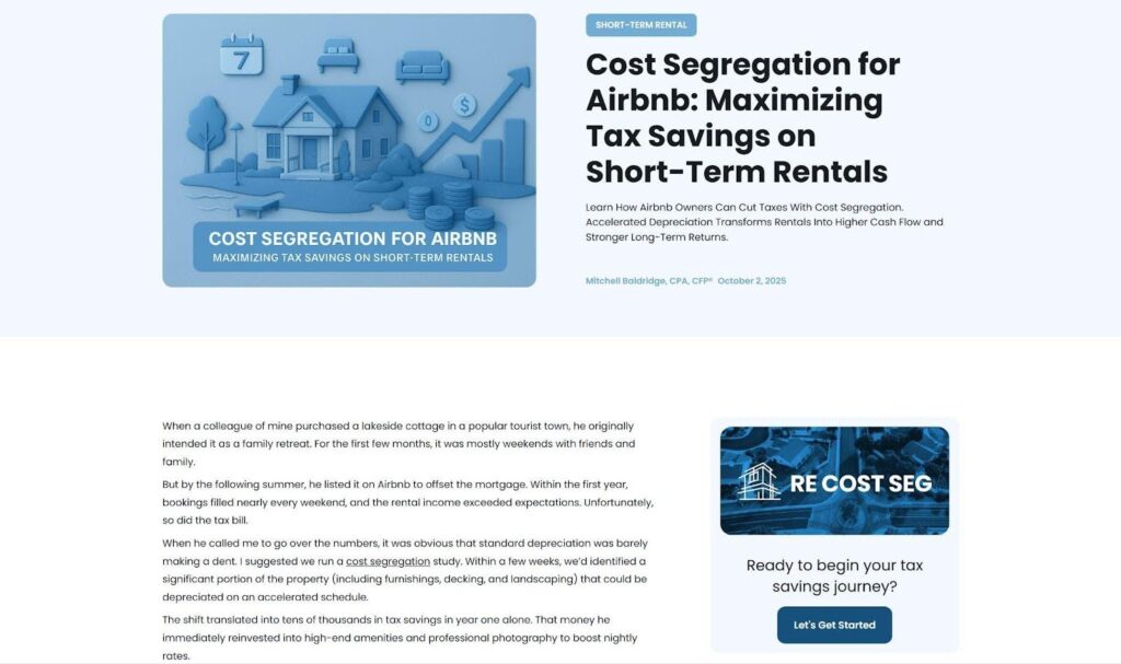 Cost Segregation for Airbnb article header showing a house, trees, and financial growth icons representing maximizing tax savings on short-term rentals.