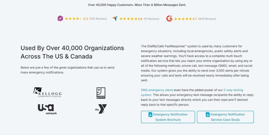 DialMyCalls landing page showing client logos and ratings from multiple platforms, including G2, Capterra, and ResellerRatings.