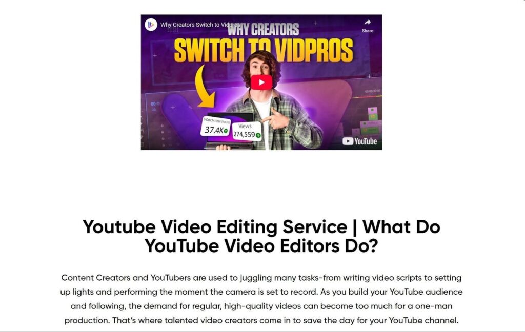YouTube video thumbnail for Vidpros showing a creator pointing to video performance stats with the title ‘Why Creators Switch to Vidpros’.