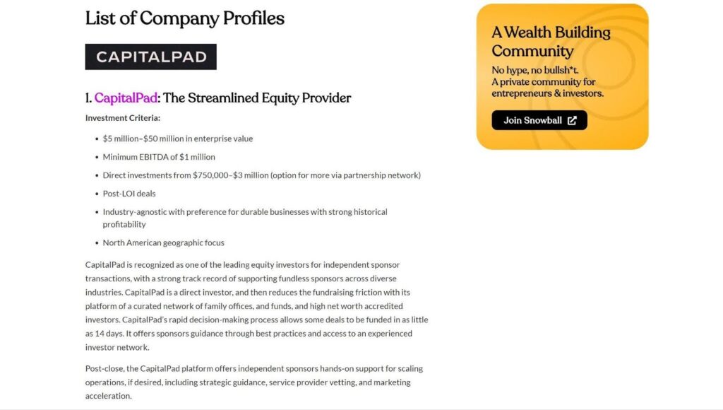 CapitalPad company profile page listing investment criteria, including enterprise value ranges, EBITDA requirements, and geographic focus, with a yellow community signup box on the right.