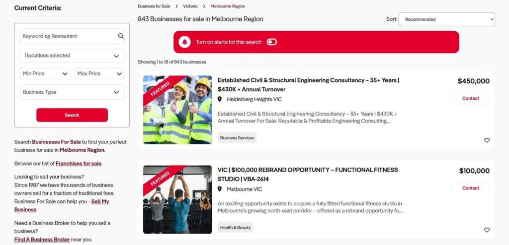 Business listings search results page showing businesses for sale in the Melbourne area, with filtering options on the left sidebar and featured business listings displayed with images and prices.