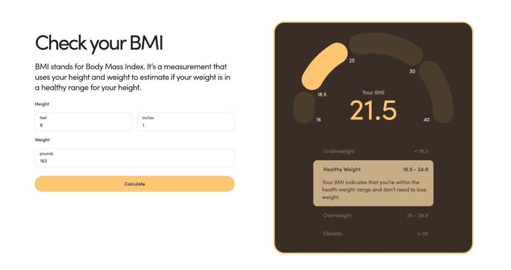 A BMI calculator interface with input fields for height in feet and inches and weight in pounds, showing a calculated BMI result of 21.5 on a gauge chart with weight range categories.