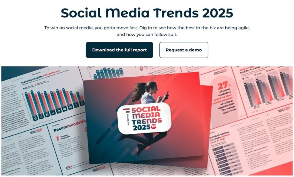 Social Media Trends 2025 report preview showing printed pages with charts, graphs, and statistics in teal and coral colors, with a central tablet displaying the report title and a person looking at a mobile device in the background.