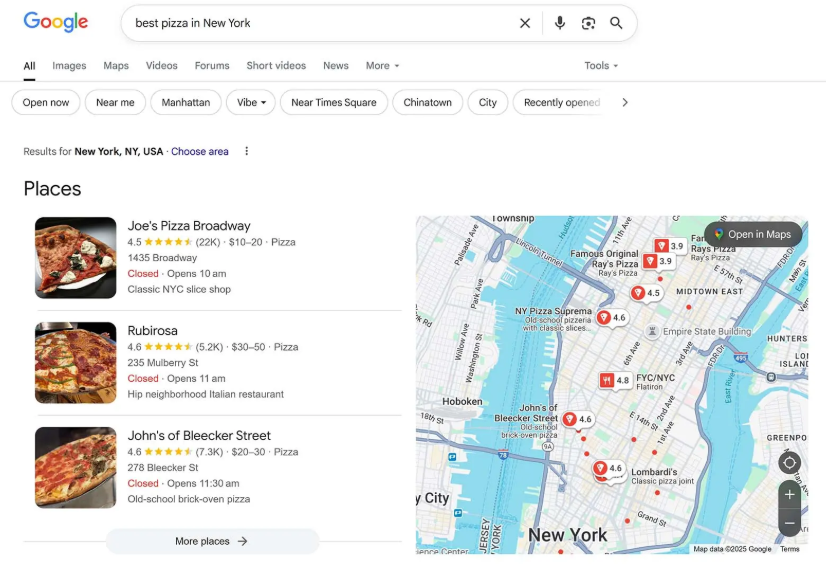 Google's top three results for a local query.