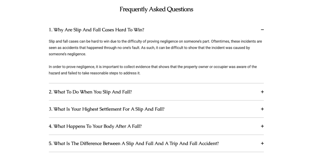 Screenshot of the FAQ section on the Freeburg Law website
