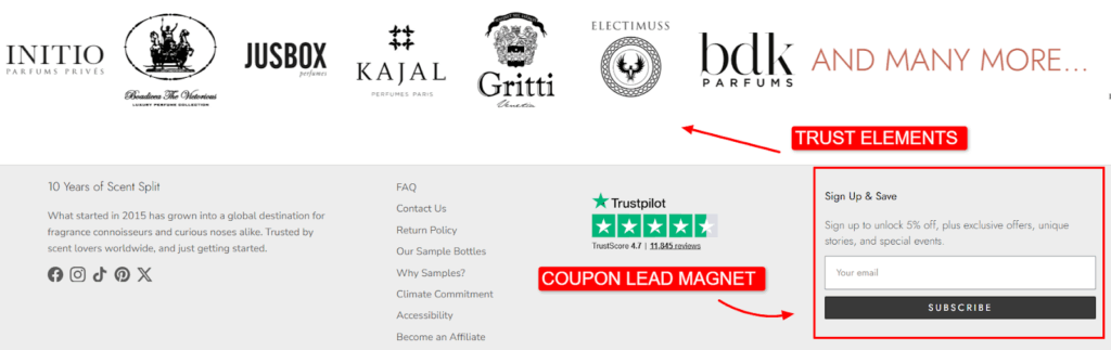 Screenshot shows lead gen opt in by Scent Split.