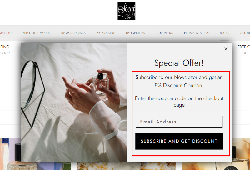 Screenshot shows lead gen opt in by Scent Split.
