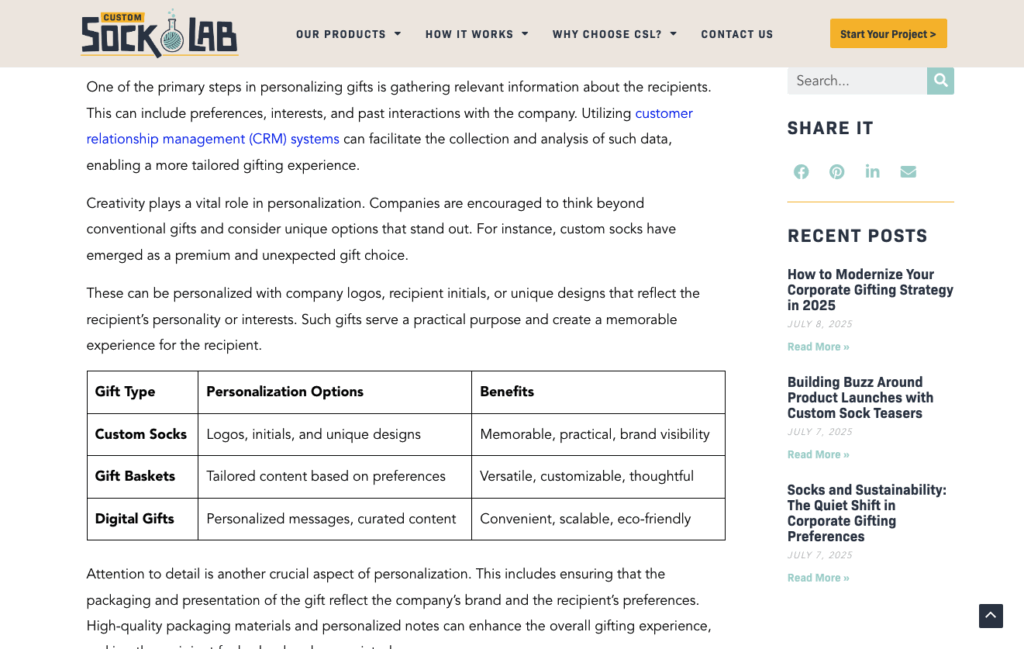 Screenshot of the Custom Sock Lab website showing a table within a blog post